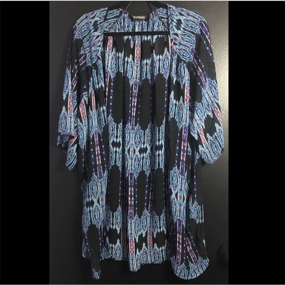 Express Other - Express Black Kimono with Blue and Pink Geometric Print
